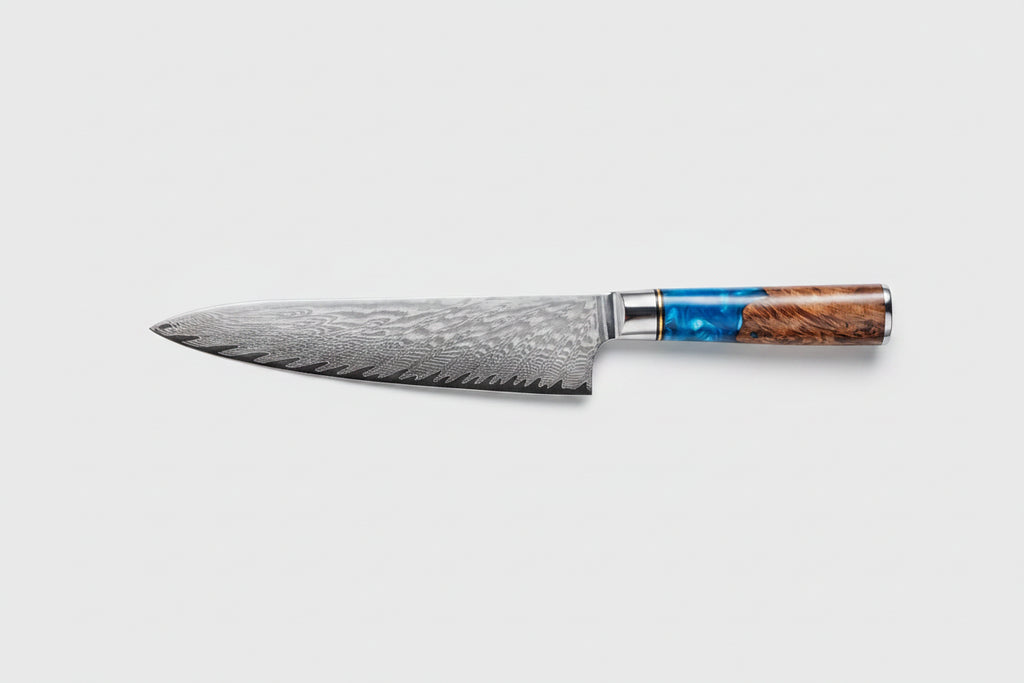 Chef's knife with measurements and specifications on a white background