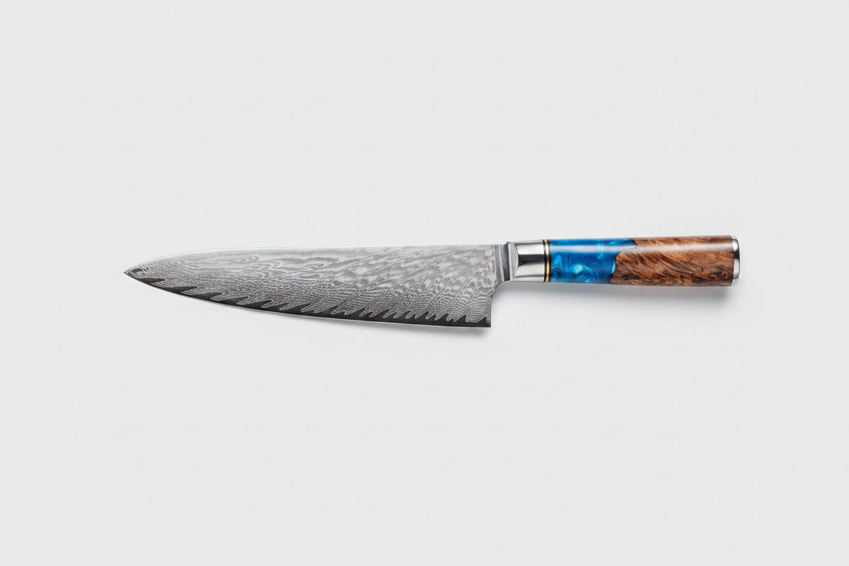 Chef's knife with measurements and specifications on a white background