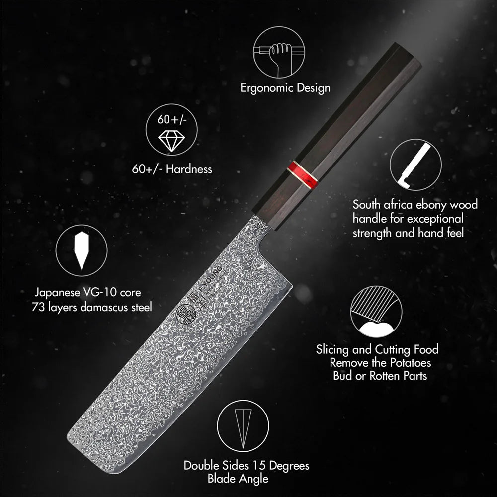 A chef's knife with a textured silver blade and a dark wood handle, presented on a dark background with informational callouts about its features.