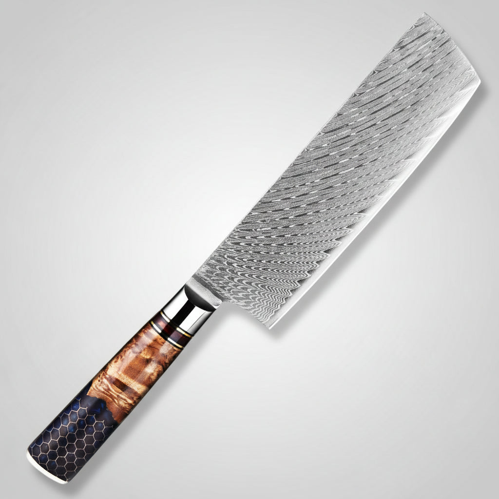 A 7-inch Nakiri knife with a Damascus steel blade and a wood-and-metal handle, shown diagonally on a dark textured background with promotional text.