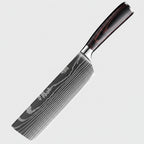 Kitchen knife with Damascus pattern on a dark background, featuring the brand 'XITUO'.