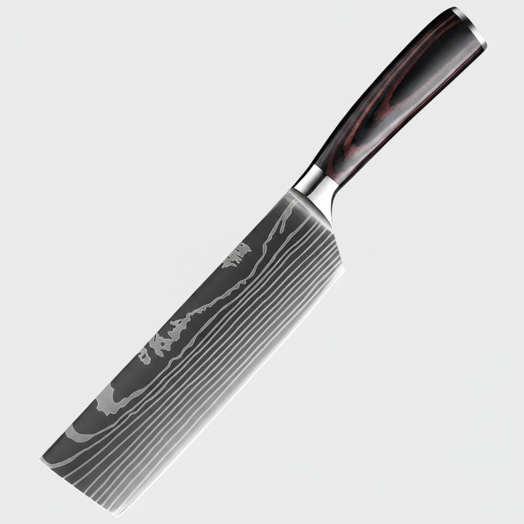 Kitchen knife with Damascus pattern on a dark background, featuring the brand 'XITUO'.