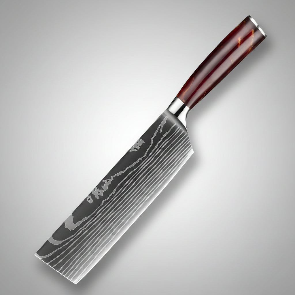 Kitchen knife with a red handle on a dark background, featuring the XITUO brand.