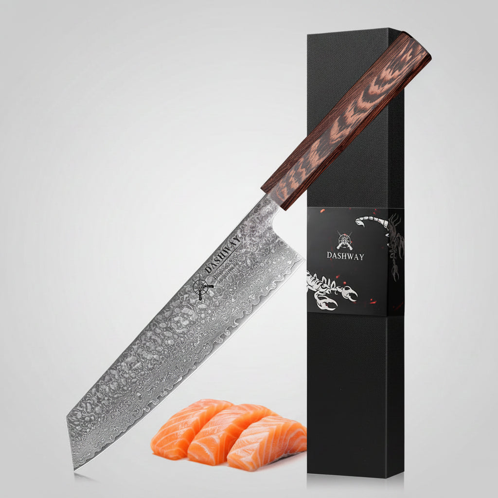 A Dashway 67-layer Damascus steel kitchen knife with a dark wood handle, shown next to its black branded box and three slices of salmon on a white background with product text.