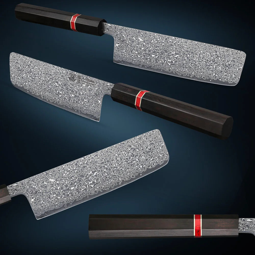 Four kitchen knives with textured silver blades and dark handles are arranged diagonally on a dark blue gradient background. Each knife has a small red band near the handle.