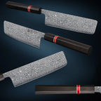 Four kitchen knives with textured silver blades and dark handles are arranged diagonally on a dark blue gradient background. Each knife has a small red band near the handle.