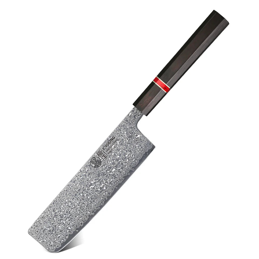 A Japanese-style kitchen knife with a textured, speckled gray steel blade and a dark brown handle featuring a thin red accent band, shown on a plain white background.