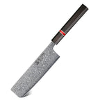 A Japanese-style kitchen knife with a textured, speckled gray steel blade and a dark brown handle featuring a thin red accent band, shown on a plain white background.
