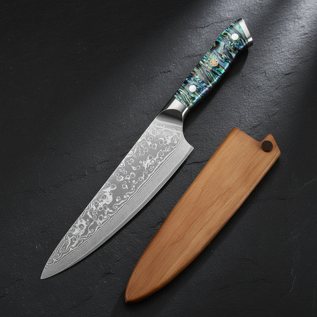 A Damascus steel chef's knife with a patterned blue and green handle, shown next to its wooden sheath on a plain white background.