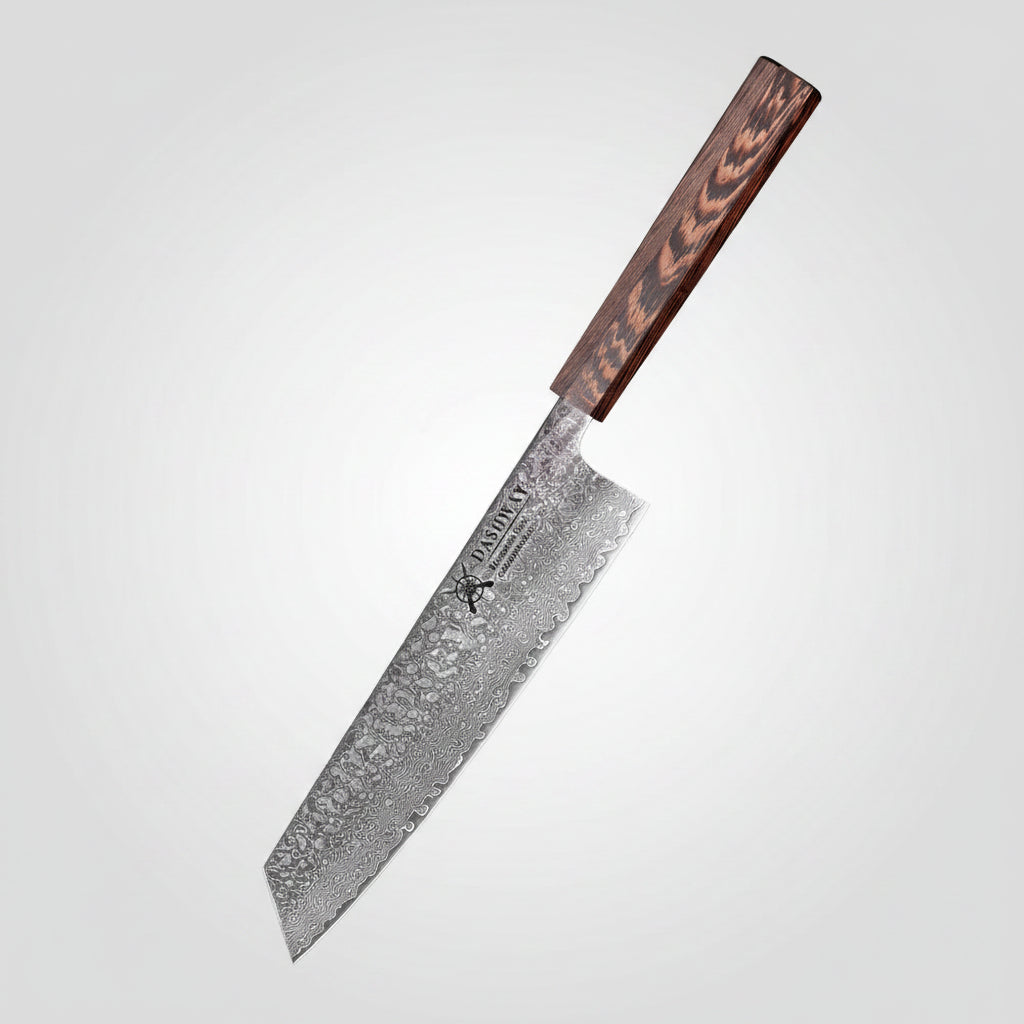 A Dashway 67 Layer Damascus Steel Kiritsuke knife with a patterned steel blade and a dark wood handle, shown standing on a wooden cutting board with raw meat, broccoli, and a tomato against a dark background.
