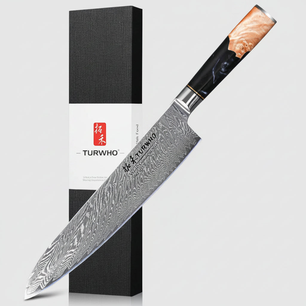 A large kitchen knife with a Damascus steel blade and a black handle with salmon-patterned inlay, shown diagonally next to its black and white TURWHO box, with raw meat, garlic, and rosemary at the bottom right.