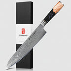 A large kitchen knife with a Damascus steel blade and a black handle with salmon-patterned inlay, shown diagonally next to its black and white TURWHO box, with raw meat, garlic, and rosemary at the bottom right.