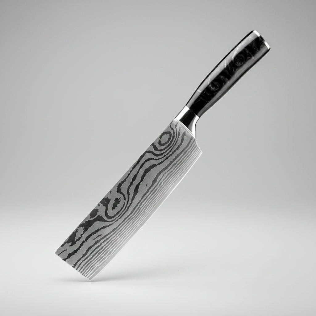 A kitchen knife with a Damascus steel blade and a black handle, shown diagonally against a dark studio background. The brand logo 'XITUO' is visible in the top-left corner.
