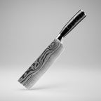 A kitchen knife with a Damascus steel blade and a black handle, shown diagonally against a dark studio background. The brand logo 'XITUO' is visible in the top-left corner.