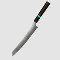 A Japanese Aus-10 style bread knife with a Damascus steel serrated blade and a dark wood handle with a turquoise accent ring, shown on a wooden surface with sliced and whole loaves of bread against a dark background. Text on the image reads 'JAPAN AUS-10 Damascus Steel Bread Knife' and 'Professional Baking Cook Tools'.