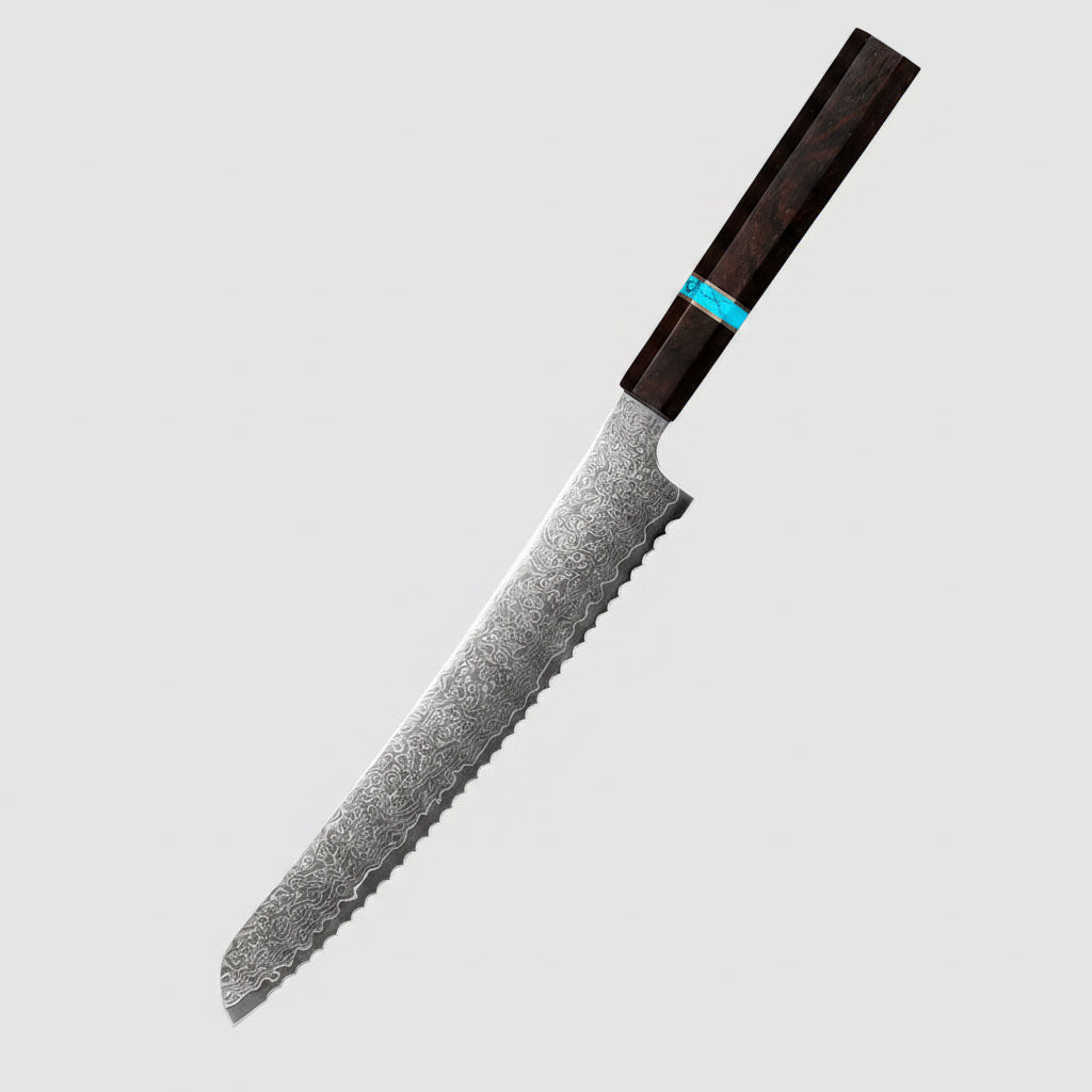 A Japanese Aus-10 style bread knife with a Damascus steel serrated blade and a dark wood handle with a turquoise accent ring, shown on a wooden surface with sliced and whole loaves of bread against a dark background. Text on the image reads 'JAPAN AUS-10 Damascus Steel Bread Knife' and 'Professional Baking Cook Tools'.