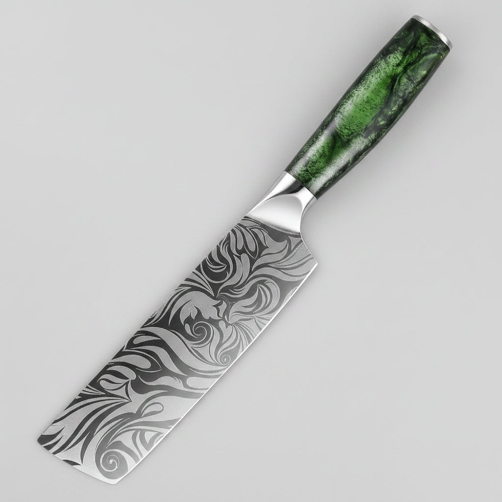 A chef's knife with a patterned Damascus-style steel blade and a green marbled handle, shown diagonally on a dark background with a green-tinted water-like texture. The brand name 'XITUO' is visible in the top left corner.