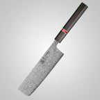F.YOUNG 73 Layers Damascus Steel Nakiri Knife shown diagonally on a wooden cutting board with potatoes, greens, and a pepper mill, set against a dark background with product text overlays.