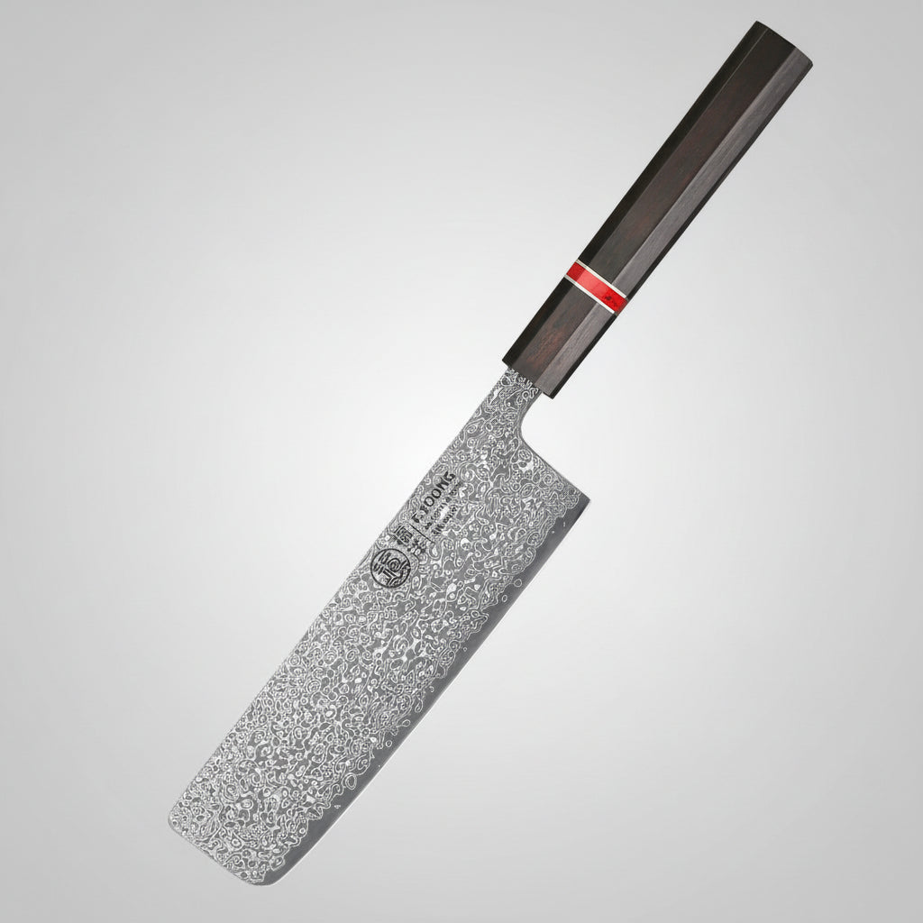 F.YOUNG 73 Layers Damascus Steel Nakiri Knife shown diagonally on a wooden cutting board with potatoes, greens, and a pepper mill, set against a dark background with product text overlays.