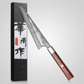 Honesuki knife with Damascus steel blade and wooden handle next to its packaging on a white background.