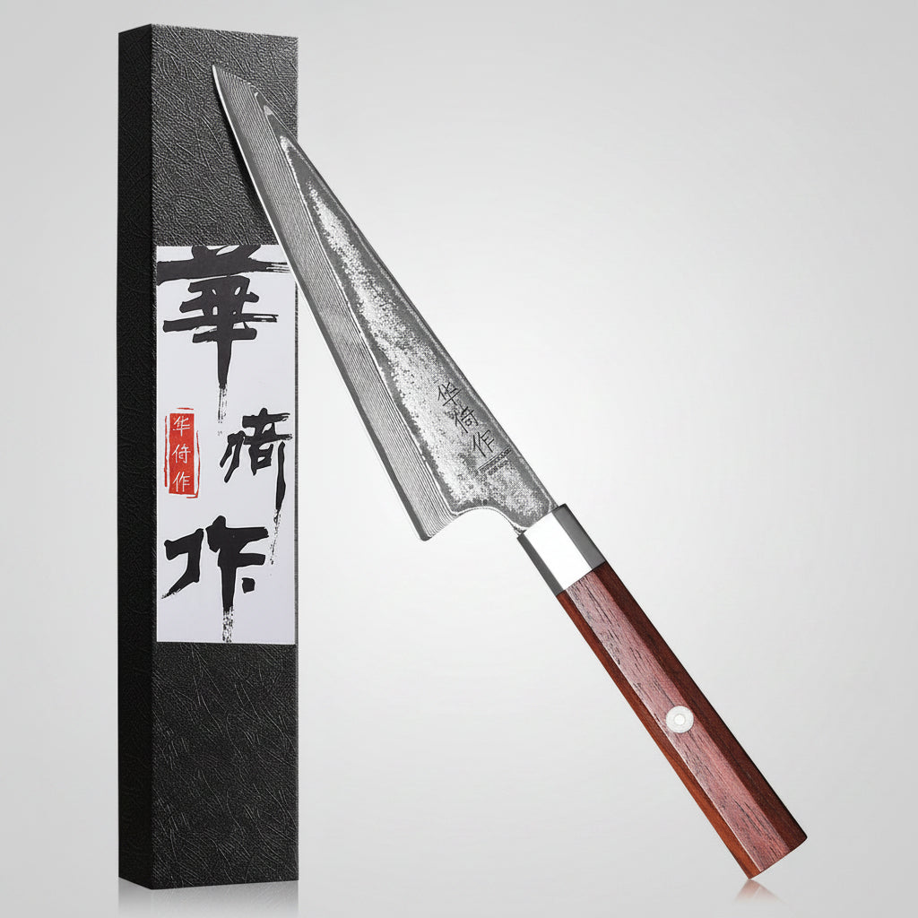 Honesuki knife with Damascus steel blade and wooden handle next to its packaging on a white background.