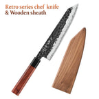 A Japanese-style chef knife with a hammered black-and-silver blade, reddish-brown wooden handle, and a matching wooden sheath, shown on a white background with the text 'Retro series chef knife & Wooden sheath' in the top left.