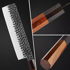 A Japanese-style kitchen knife with a hammered steel blade and a dual-tone wood handle, shown in a three-panel collage on a dark background.