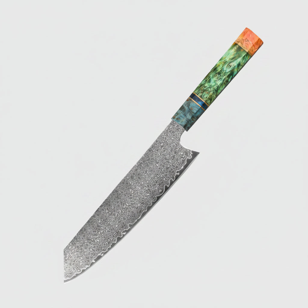 Decorative chef's knife with a wooden handle on a wooden surface with ingredients.