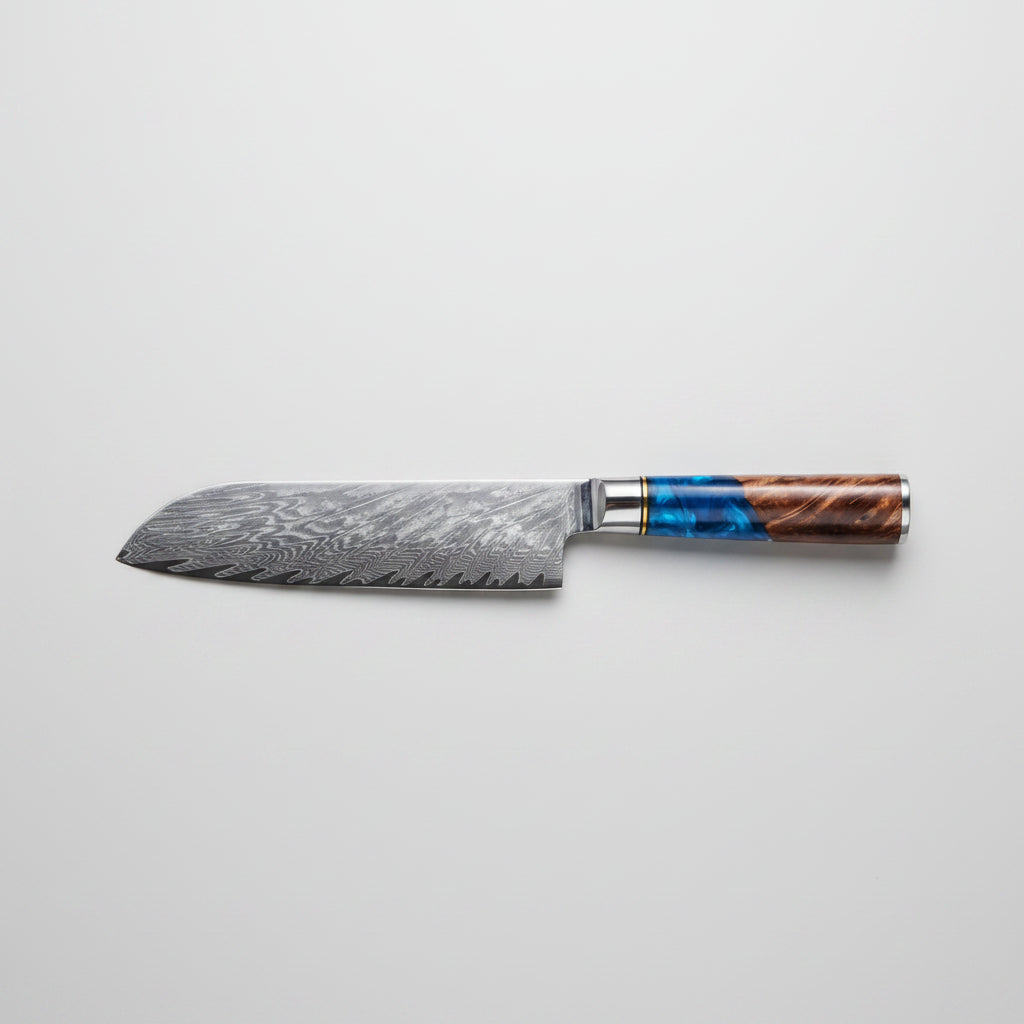 Santoku knife with measurements and specifications on a white background