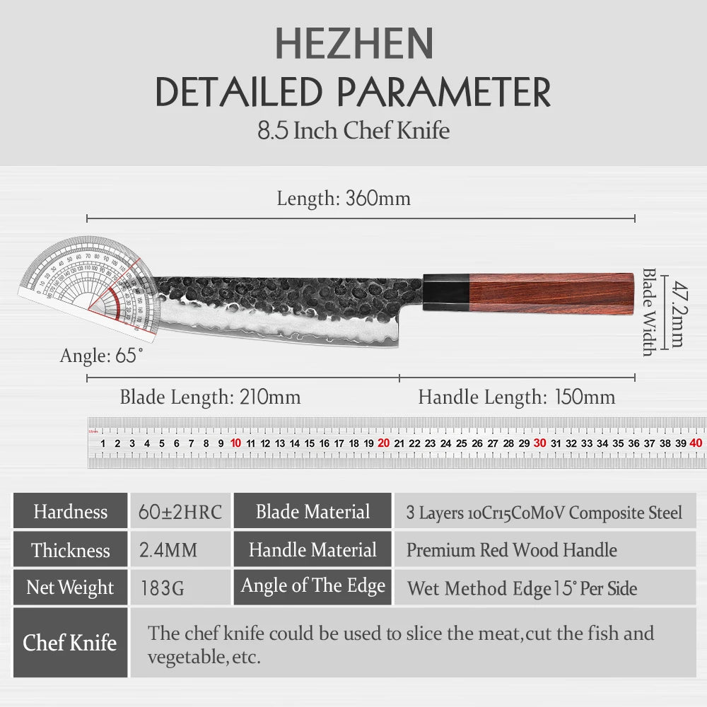 HEZHEN 8.3" Chef Knife — Composite Steel, Red Wood Handle