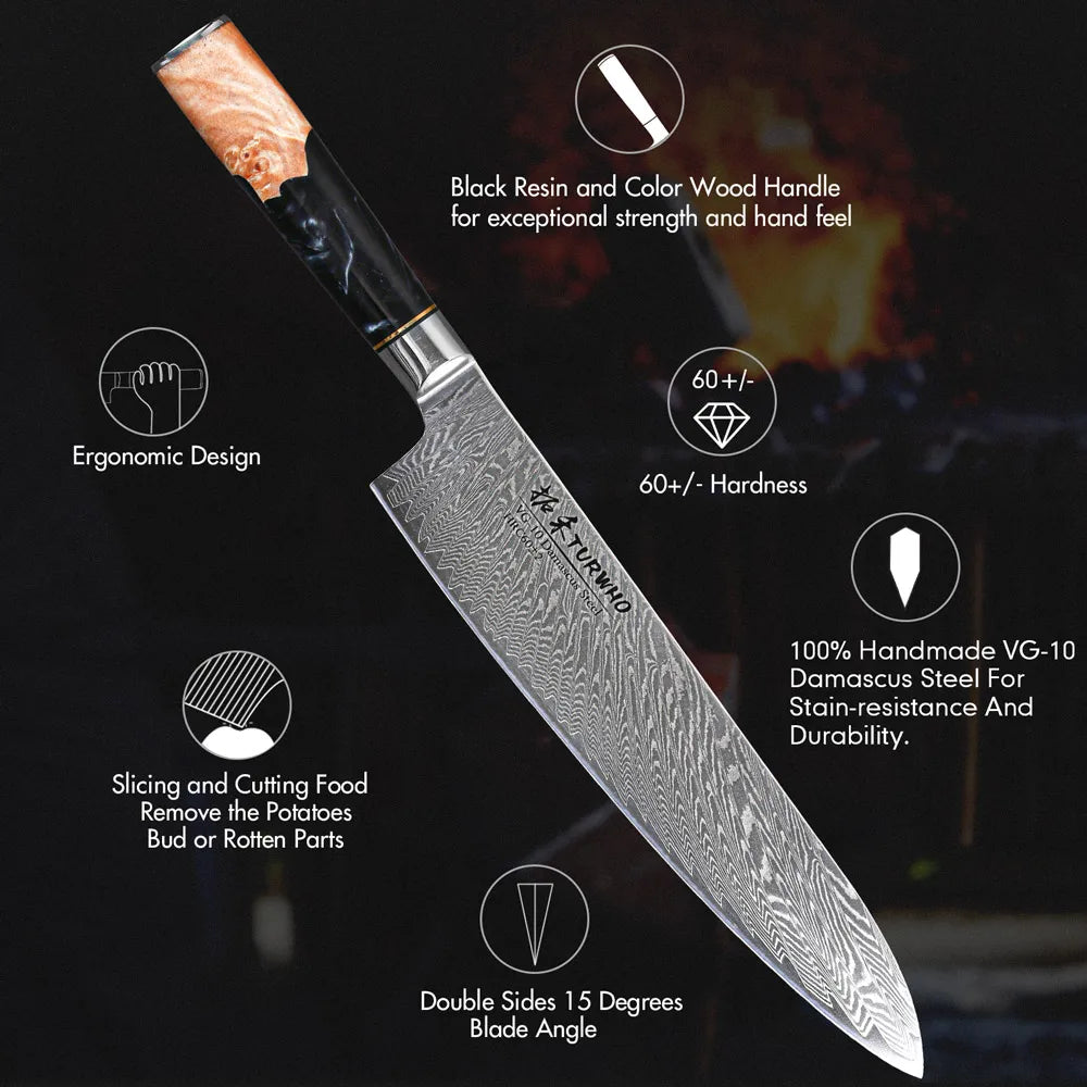 TURWHO 9.5" Gyuto Chef Knife — VG10 Core Damascus