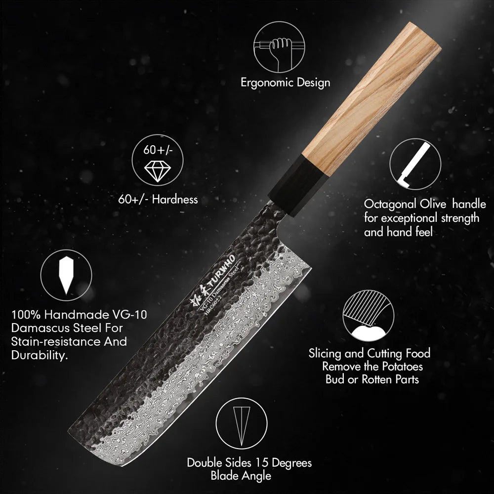 A kitchen knife with a hammered Damascus steel blade and a light wood octagonal handle, shown on a dark textured background with feature callout icons and text.