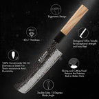 A kitchen knife with a hammered Damascus steel blade and a light wood octagonal handle, shown on a dark textured background with feature callout icons and text.