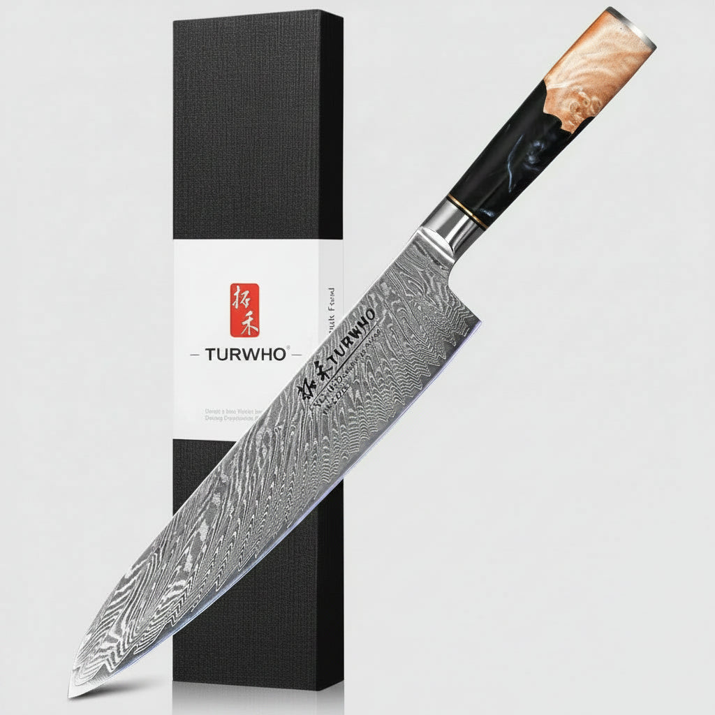 A large kitchen knife with a Damascus steel blade and a black handle with salmon-patterned inlay, shown diagonally next to its black and white TURWHO box, with raw meat, garlic, and rosemary at the bottom right.