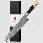 A large kitchen knife with a Damascus steel blade and a black handle with salmon-patterned inlay, shown diagonally next to its black and white TURWHO box, with raw meat, garlic, and rosemary at the bottom right.