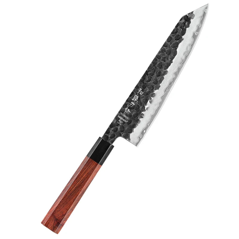 Japanese chef's knife with a textured blade and wooden handle on a white background