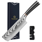 Sunnecko kitchen knife with a black handle and Damascus steel blade, shown alongside its dark navy presentation box and a black honing steel on a white background.