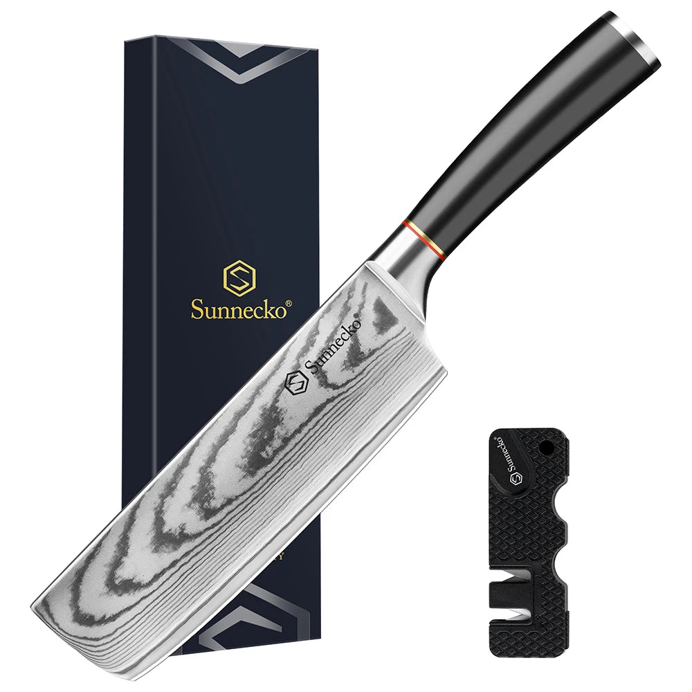 Sunnecko kitchen knife with a black handle and Damascus steel blade, shown alongside its dark navy presentation box and a black honing steel on a white background.