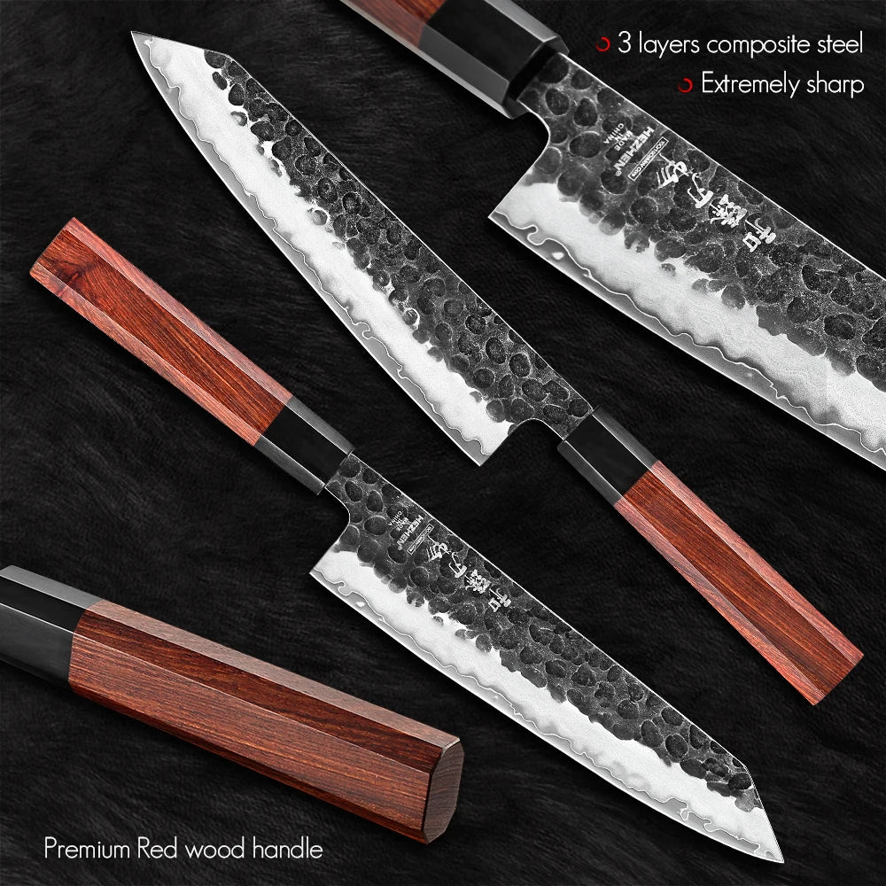 HEZHEN 8.3" Chef Knife — Composite Steel, Red Wood Handle