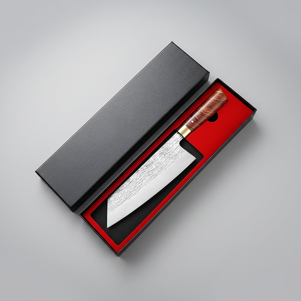Chef's knife in a black and red box on a wooden surface with spices and ingredients.