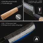 A kitchen knife and its handle details shown on a black background with feature callouts. The product includes a hammered Damascus steel blade, a solid olive wood handle with a black ferrule, and a dark handle end.