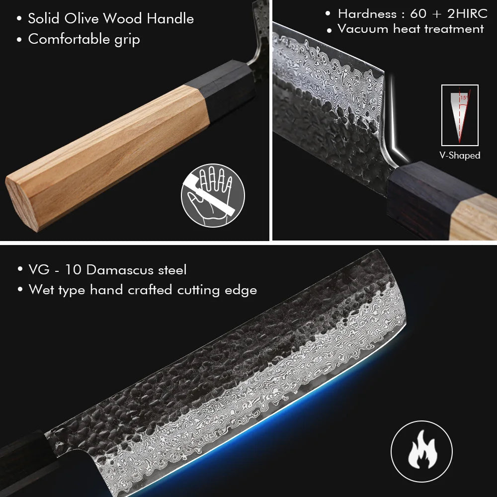 A kitchen knife and its handle details shown on a black background with feature callouts. The product includes a hammered Damascus steel blade, a solid olive wood handle with a black ferrule, and a dark handle end.