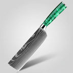 A kitchen knife with a Damascus steel blade and a green marbled handle, shown diagonally against a dark background with a XITUO logo in the top left corner.