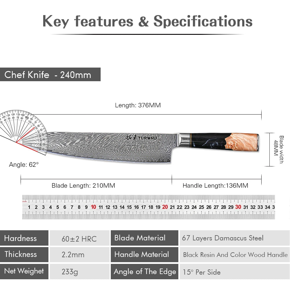 TURWHO 9.5" Gyuto Chef Knife — VG10 Core Damascus