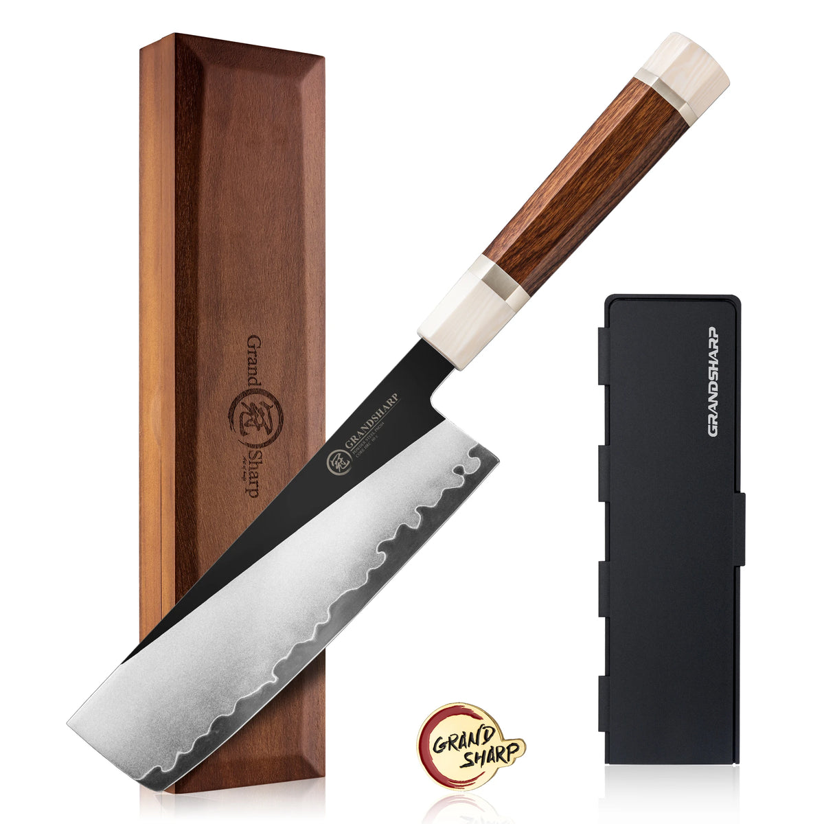 Serrated knife with wooden handle, black blade, and sharpener on a white background