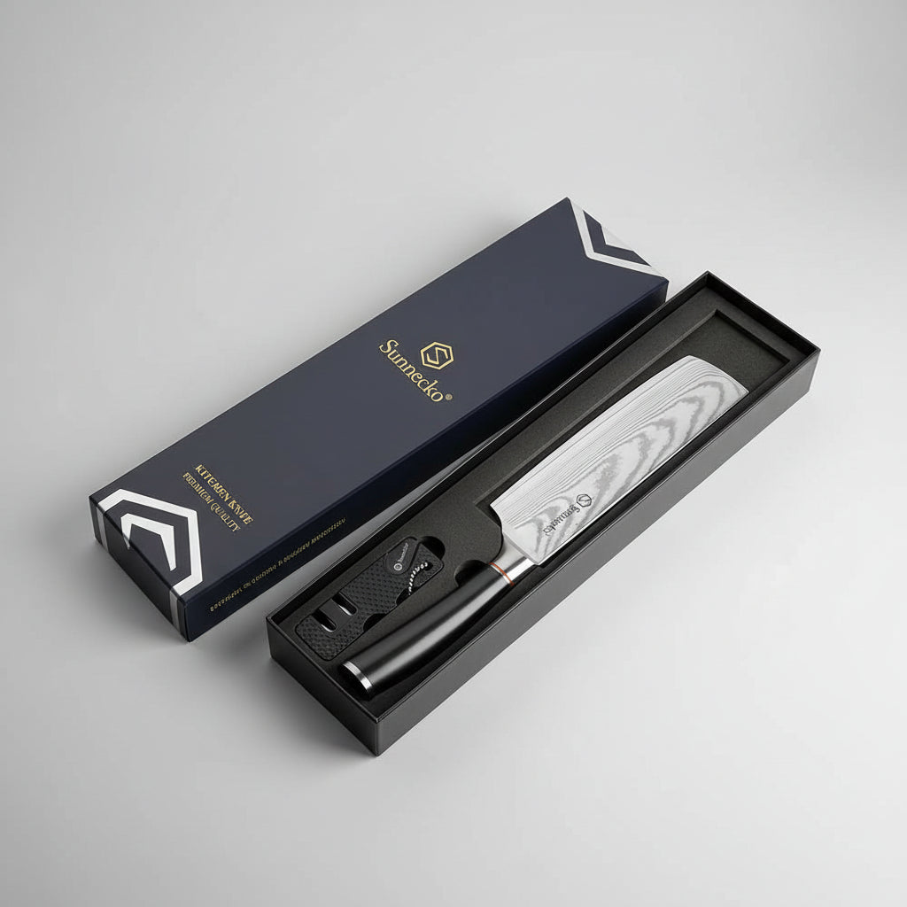 A kitchen knife presented in an open black gift box beside its dark blue branded box on a dark textured surface. Large text reads 'ELEGANT AND PRACTICAL GIFT,' and the knife has a patterned silver blade with a black handle.