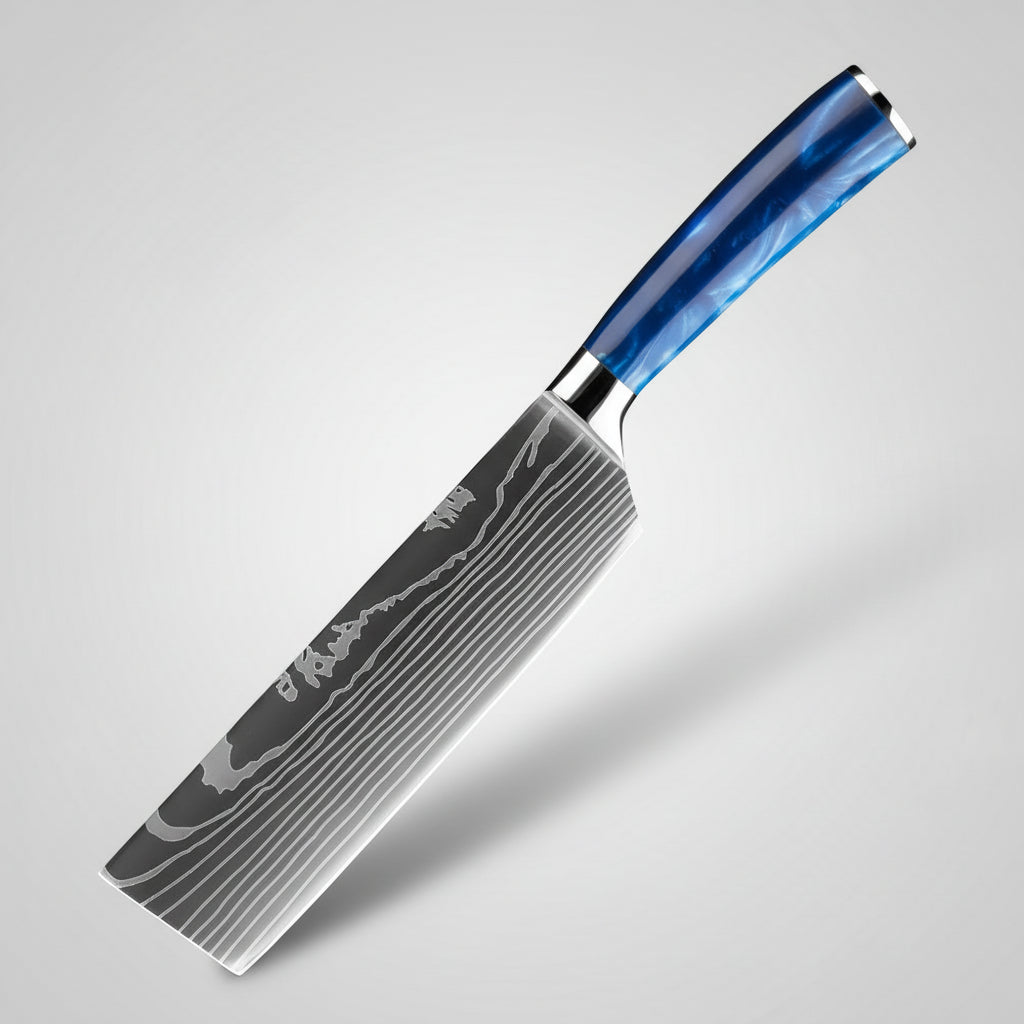 Knife with blue handle on a dark background, featuring the brand 'XITUO'.